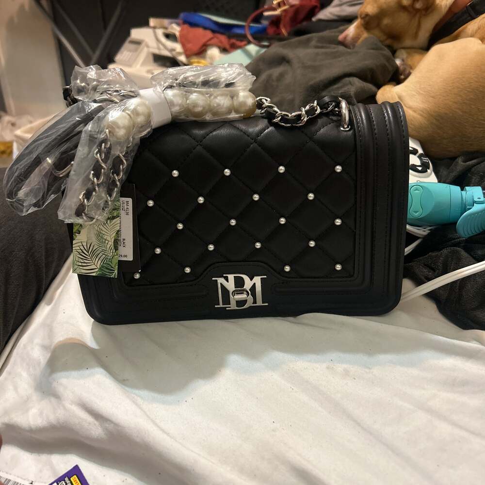 Badgley Mischka Black Quilted Crossbody Bag with Pearl Accents